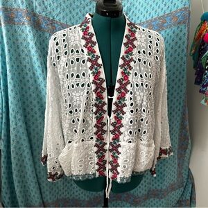 Johnny Was White Eyelet Cardigan with Floral Embroidered Accents